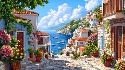 A picturesque scene of the island with its colorful houses, lush greenery, and crystal-clear waters in Greece, in the style of a paint