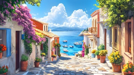 A picturesque scene of the island with its colorful houses, lush greenery, and crystal-clear waters in Greece, in the style of a paint