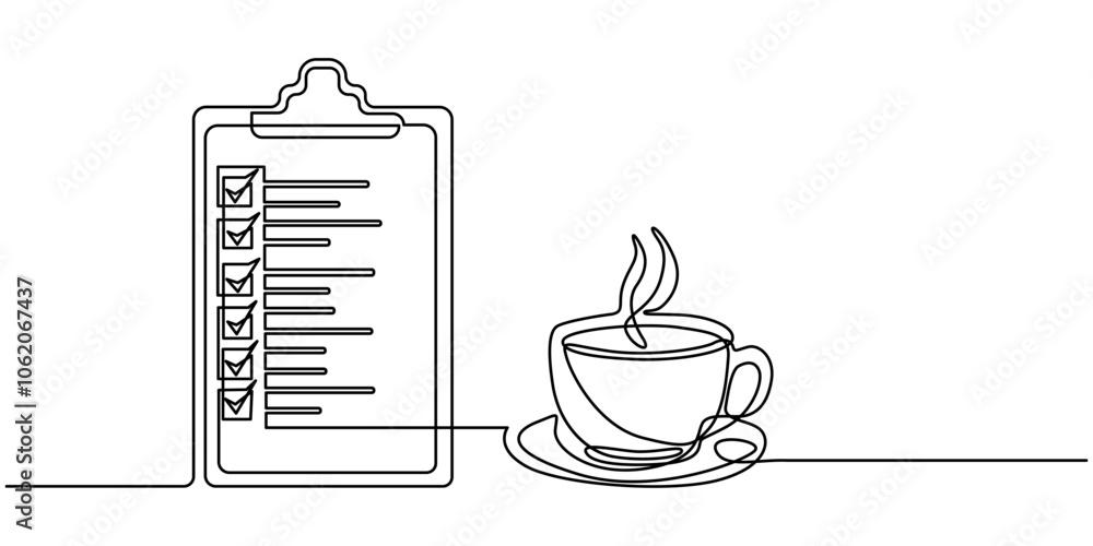 Poster continuous one line drawing of checklist clipboard with pen. medical document form on clipboard simp