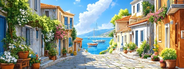 A picturesque scene of the island with its colorful houses, lush greenery, and crystal-clear waters in Greece, in the style of a paint