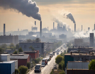 Polluted cityscape under a smoggy sky with factories emitting harmful emissions. Generative AI