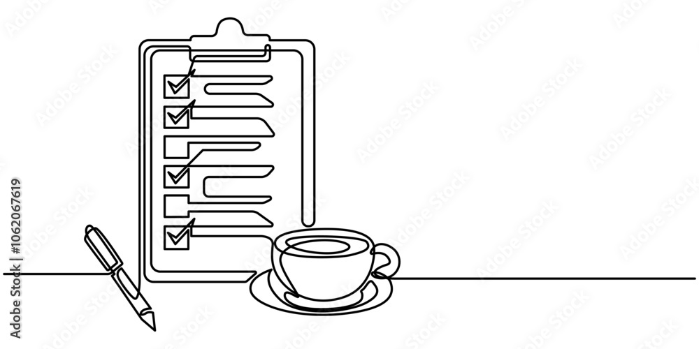 Poster continuous one line drawing of checklist clipboard with pen. medical document form on clipboard simp