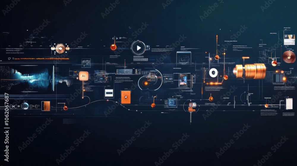 Poster a creative timeline illustrating the progression of video editing software tools, showcasing innovat