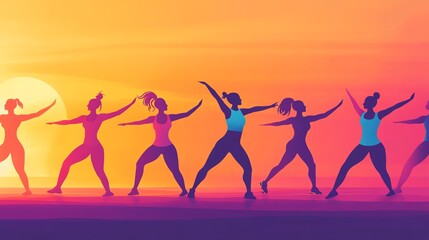 Silhouette of women dancing at sunset with vibrant colors in the background.
