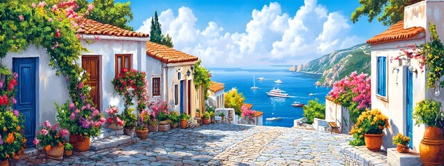 A picturesque scene of the island with its colorful houses, lush greenery, and crystal-clear waters in Greece, in the style of a paint