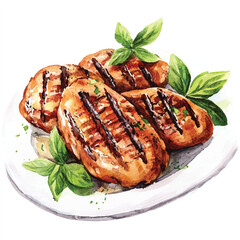 Grilled chicken watercolor clipart illustration