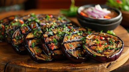 Closeup of a delicious homemade grilled eggplant bell pepper tomato and onion dish served on a rustic wooden table  The Mediterranean style vegetables are seasoned with herbs and spices
