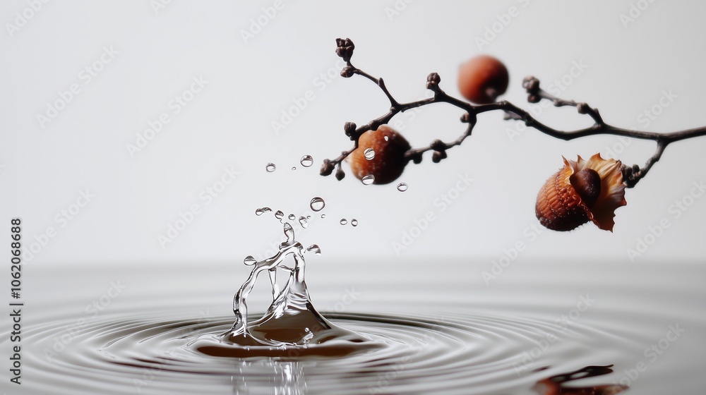 Poster a drop of water falls on the table, with ripples forming in it, and an acorn branch floating above t