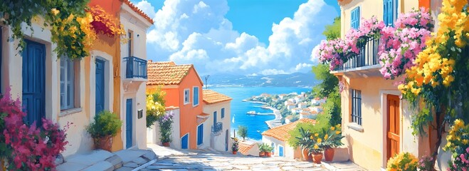 A picturesque scene of the island with its colorful houses, lush greenery, and crystal-clear waters in Greece, in the style of a paint