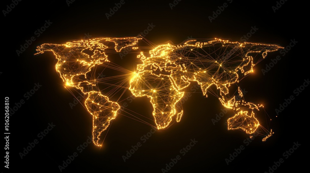 Poster world map with gold color modern technology centralized internet digital data network background wal