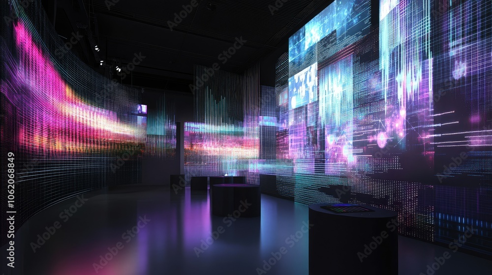 Aufkleber A dynamic digital environment displaying visual representations of audio waves and data processing, emphasizing the intersection of tech and creativity.