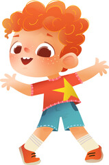 Little boy dancing, energetic and playful kid in action. Active happy schoolboy playing dancing. Children character design, or school and kindergarten kids. Vector illustration isolated clip art.