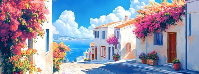 A picturesque scene of the island with its colorful houses, lush greenery, and crystal-clear waters in Greece, in the style of a paint