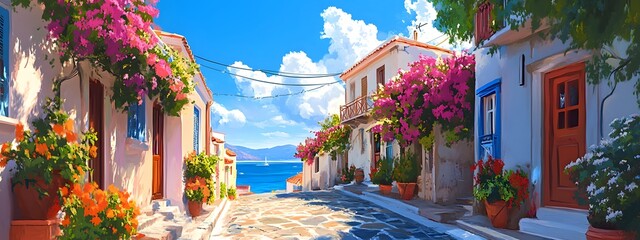 A picturesque scene of the island with its colorful houses, lush greenery, and crystal-clear waters in Greece, in the style of a paint