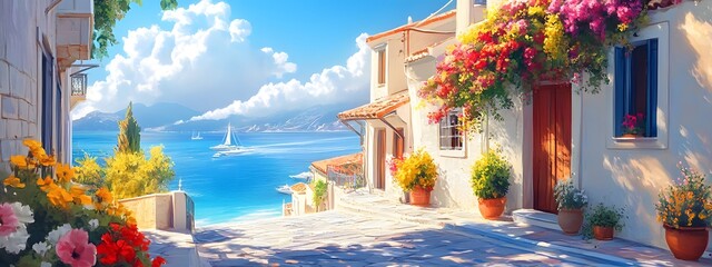 A picturesque scene of the island with its colorful houses, lush greenery, and crystal-clear waters in Greece, in the style of a paint