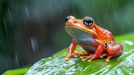 Obraz premium A vibrant orange and black frog sits on a green leaf, rain falling around it.