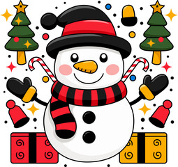 Snowman with Christmas tree - Winter Holiday Snowman with Christmas Trees and Presents, vector illustration