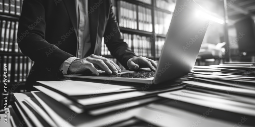 Poster businessman in suit working at desk with stack of books and computer.