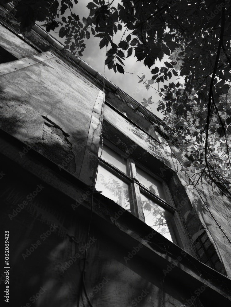 Poster the old window in the brick building has an air of decay, with tree branches and light filtering thr