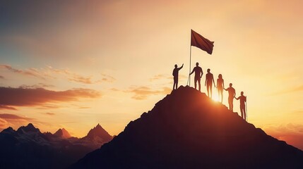 Business team scaling mountain with flag at peak, shared goals