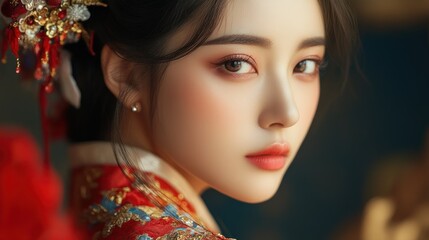 Fototapeta premium Beautiful female asian model with traditional bridal makeup regional customs background wallpaper AI generated image