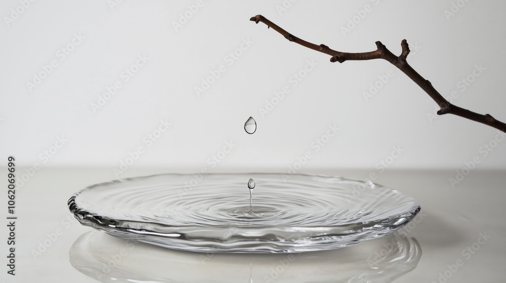 Poster a drop of water falls from a branch in a plate, creating ripples.