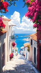 A picturesque scene of the island with its colorful houses, lush greenery, and crystal-clear waters in Greece, in the style of a paint