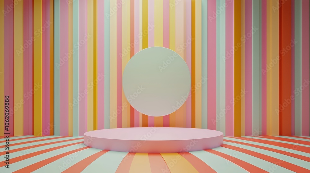 Poster an abstract colorful background with an empty stage podium or pedestal in the center.