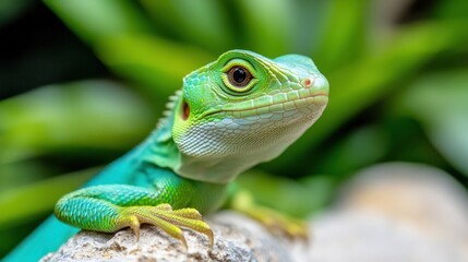 Fototapeta premium Vibrant green lizard perched on a rock amidst lush foliage, AI