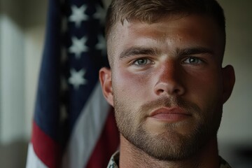 Closeup of a Marine saluting in front of an American flag, wearing a crisp dress uniform, Marine saluting with flag, Patriotic and respectful