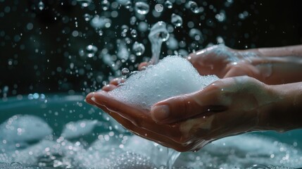 Fototapeta premium Washing hands with soap and water, generating bubbles for effective cleaning.
