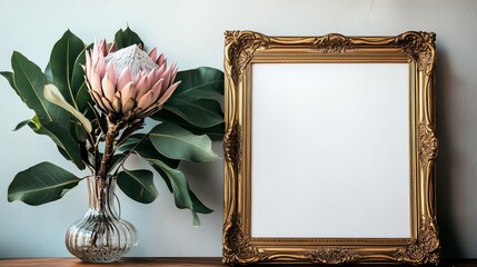 A gold vintage frame mockup is leaning against the wall with a pink king protea flower in a vase.