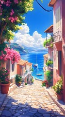 A picturesque scene of the island with its colorful houses, lush greenery, and crystal-clear waters in Greece, in the style of a paint