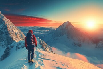 A lone climber stands atop a snowy peak at sunset overlooking majestic mountains and clouds