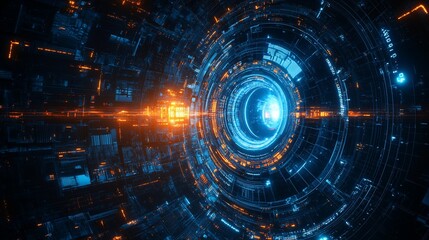 Obraz premium Abstract futuristic tunnel with glowing blue and orange lights.