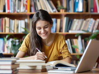 Female student sitting in a library, smiling and taking notes on her laptop.
