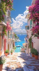 A picturesque scene of the island with its colorful houses, lush greenery, and crystal-clear waters in Greece, in the style of a paint