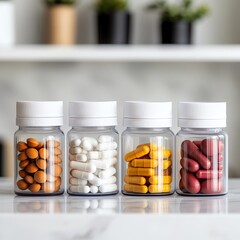 Four jars of assorted dietary supplements on a marble surface.
