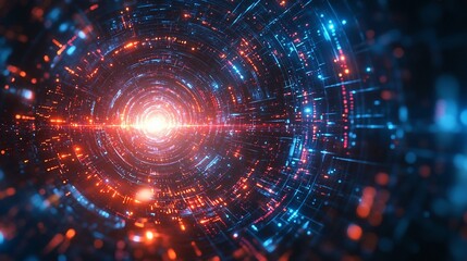 Abstract glowing tunnel with digital data and light particles.