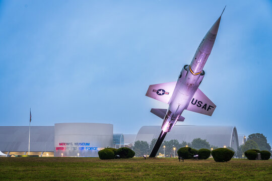 DAYTON, OHIO - SEPTEMBER 29, 2024: The National Museum of the United States Air Force at blue hour. It is considered the oldest and largest military aviation museum in the world.