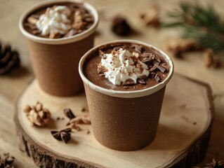 A rich, creamy hot chocolate served in a biodegradable cup made from plant starches, offering a cozy, indulgent drink while helping reduce your carbon footprint