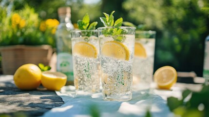 A sparkling water infused with lemon and mint served in a biodegradable cup, offering a refreshing, eco-friendly beverage perfect for picnics, festivals, and events focused on sustainability