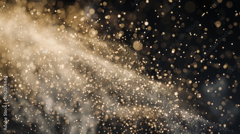 Poster a mesmerizing abstract background of shimmering gold dust and bokeh lights against a black backdrop.