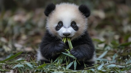 Obraz premium Adorable panda cub eating bamboo stalks in its natural habitat.