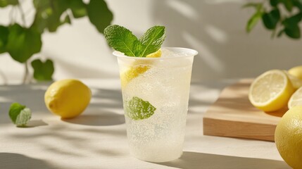 Fototapeta premium A sparkling water infused with lemon and mint served in a biodegradable cup, offering a refreshing, eco-friendly beverage perfect for picnics, festivals, and events focused on sustainability