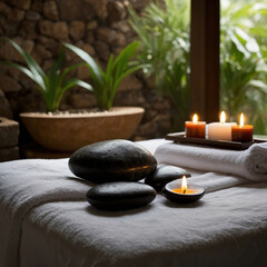 Relaxing Spa Decor with Volcanic Stones and Aromatherapy Candles