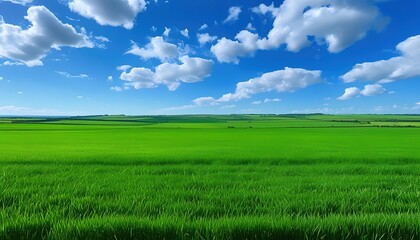 Obraz premium Vast green fields under a vibrant blue sky with fluffy clouds.