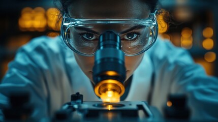 A female scientist wearing protective eyewear looks intently through a microscope at a sample on the slide.