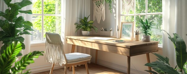A cozy home office featuring a wooden desk, a chair, and large windows with abundant greenery, creating a bright and inviting workspace.
