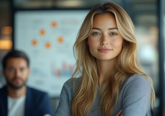 Obraz premium Smiling, multiethnic businesswoman presenting a new project to her team during a meeting in the office, while standing near a whiteboard with notes and chalk on the table.